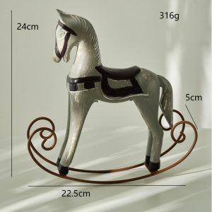 Vintage Nordic Wooden Rocking Horse Figurine - Distressed Retro Tabletop Decor for Entryway, Living Room & Kids’ Room | Rustic Small Horse Ornament (24cm Tall)