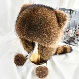 Raccoon Faux Fur Winter Trapper Hat - Kids & Adult Matching Earflap Cap | Warm Raccoon Print Parent-Child Cold-Weather Headwear