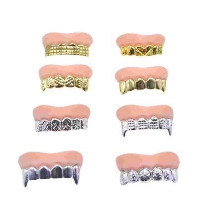 8-Pack Bling Fake Grillz & Spooky Teeth Set - Gold/Silver Grills & Vampire Fangs | Halloween Gag Toy Dentures for Pranks & Costumes