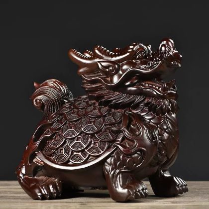 Ebony Wood Dragon Turtle Sculpture - Money Coin & Bagua Dragon Head Turtle Decor | Home Entryway & Shop Opening Ornament