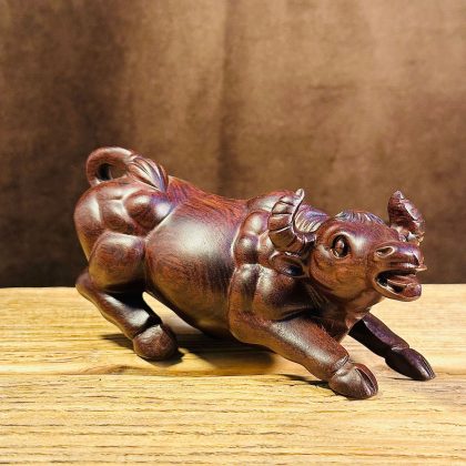 Ebony Wood Zodiac Ox Sculpture - Hand-Carved "Five Blessings" Ox Decor | Solid Wood Bull Figurine Home Ornament
