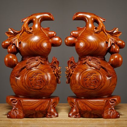 Hand-Carved Rosewood "Fu" Gourd Pair Figurines - Auspicious Chinese Wealth Decor Set for Living Room | Premium Hongmu Craft & Lucky Gift