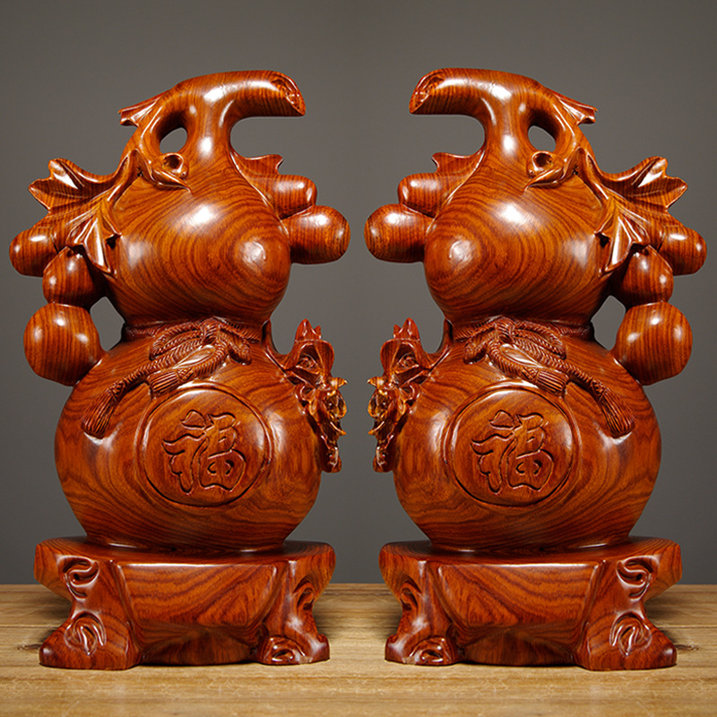 Hand-Carved Rosewood "Fu" Gourd Pair Figurines - Auspicious Chinese Wealth Decor Set for Living Room | Premium Hongmu Craft & Lucky Gift