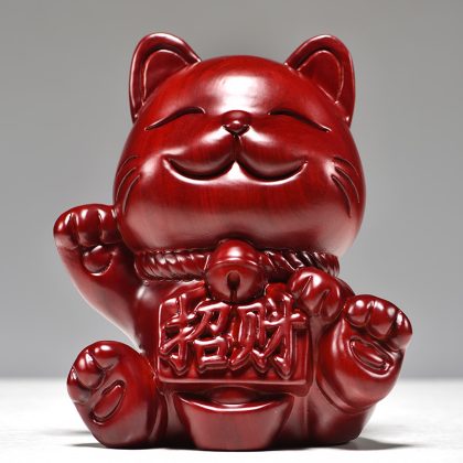 Hand-Carved Rosewood Maneki-Neko (Lucky Cat) Figurine - Wealth-Attracting Decor for Business Front Desk & Living Room | Premium Hongmu Craft & Prosperity Gift