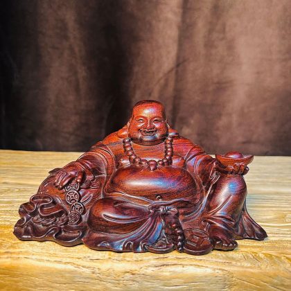 Ebony Wood Maitreya Buddha Figurine (Reclining) - Car & Home Decor | Premium Solid Wood Laughing Buddha Craft & Auspicious Gift