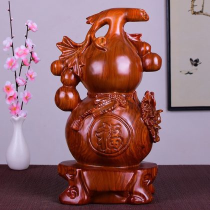 Hand-Carved Rosewood "Fu" Gourd Figurine - Auspicious Chinese Wealth Decor for Living Room | Premium Hongmu Craft & Lucky Gift