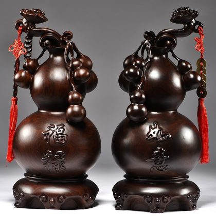 Hand-Carved Ebony Wood "Fu Lu Ru Yi" Gourd Pair Figurines - Luxe Chinese Auspicious Decor Set for Living Room | Premium Red Wood Craft & Lucky Gift