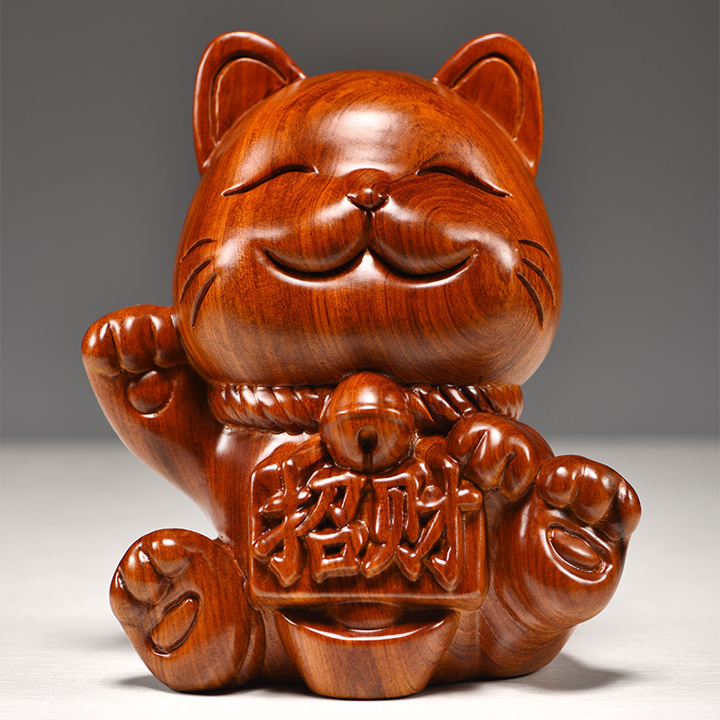 Hand-Carved Rosewood Maneki-Neko (Lucky Cat) Figurine - Wealth-Attracting Decor for Business Front Desk & Living Room | Premium Hongmu Craft & Prosperity Gift