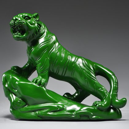Green Wood Carved Tiger Figurine (Mountain Tiger) - Chinese Zodiac Decor for Home & Office Desk | Premium Solid Wood Craft & Symbolic Gift