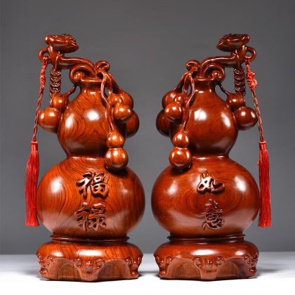 Hand-Carved Rosewood "Fu Lu Ru Yi" Gourd Pair Figurines - Traditional Chinese Good Fortune Decor Set for Living Room | Premium Hongmu Craft & Auspicious Gift