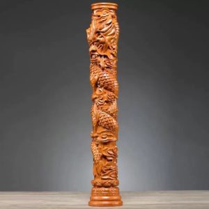 Hand-Carved Rosewood Dragon Column Figurine - Chinese Zodiac Dragon Decor for Home Bar & Desk | Premium Hongmu Craft & Auspicious Gift