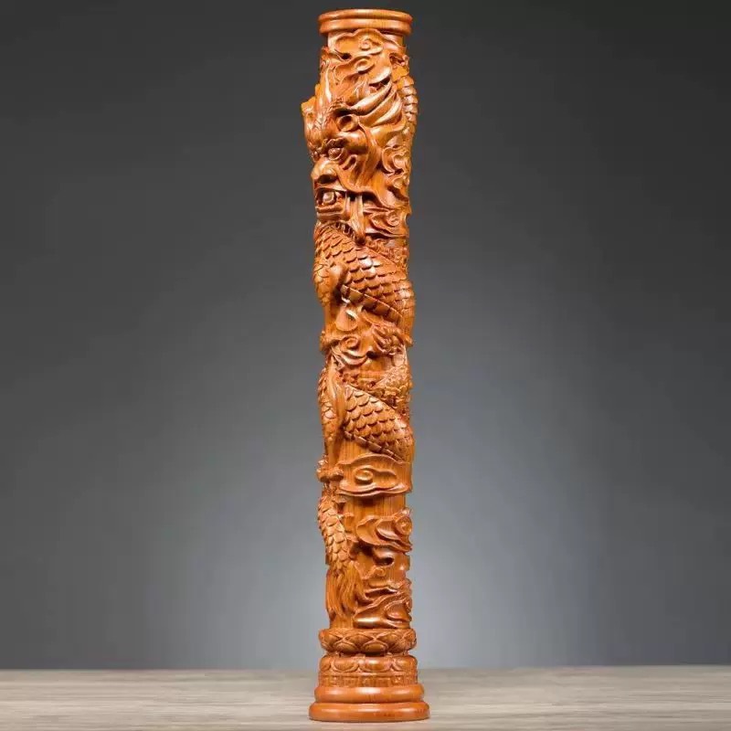Hand-Carved Rosewood Dragon Column Figurine - Chinese Zodiac Dragon Decor for Home Bar & Desk | Premium Hongmu Craft & Auspicious Gift