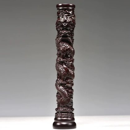 Ebony Wood Carved Dragon Column Figurine - Chinese Zodiac Dragon Decor for Home Bar & Desk | Premium Black Wood Craft & Auspicious Gift