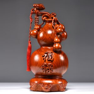 Hand-Carved Rosewood "Fu Lu" Gourd Figurine - Traditional Chinese Good Fortune Decor for Living Room | Premium Hongmu Craft & Auspicious Gift