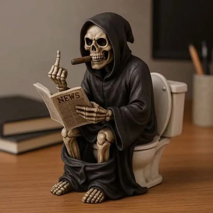 Toilet Reaper Statue (Middle Finger Gesture) - Novelty Halloween Decor Resin Figurine | Funny Bathroom Skeleton Decoration Gift