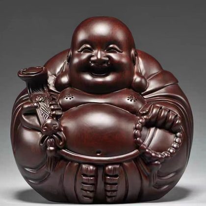 Ebony Wood Laughing Buddha Figurine (Big Belly Maitreya) - "Harmony & Joy" Home Decor for Living Room TV Stand | Premium Solid Wood Craft & Auspicious Gift