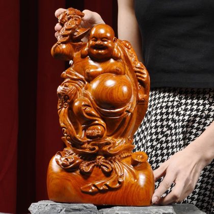 Hand-Carved Rosewood Maitreya Buddha Figurine - Laughing Buddha Decor for Living Room | Premium Hongmu Craft & Auspicious Gift