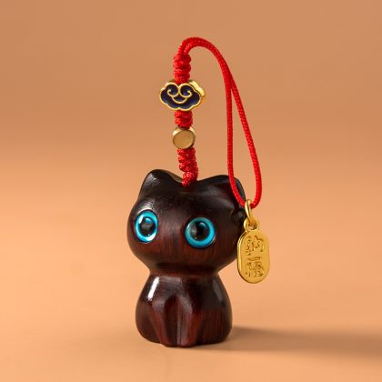 Sandalwood Cat Keychain - Cute Black Cat Key Ring with "Na Fu" (Attract Blessings) Charm | Phone/Car/Bag Pendant Gift